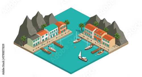 Isometric coastal town with boats and colorful buildings amid rocky mountains
