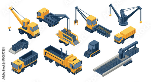 Isometric construction vehicles and equipment for industrial projects