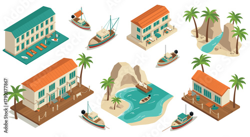 Coastal resort isometric design with boats, beach, and palm trees