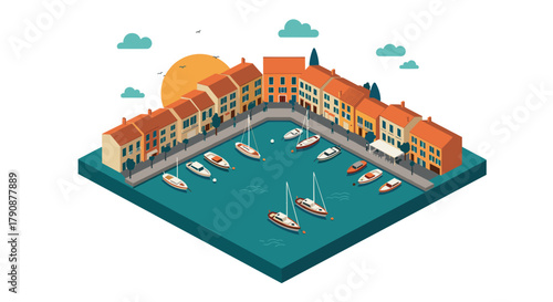 Charming isometric coastal village scene with boats and sunset