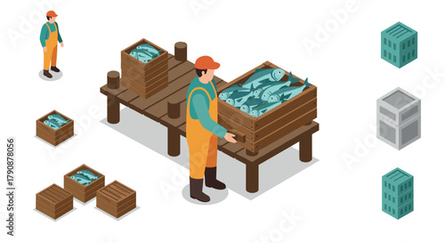 Isometric fisherman loading fish crates on dock with boxes and containers