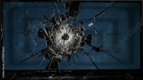 Close-up of a broken flat screen television with a shattered display showing distorted video signal and visible cracks. The damaged screen reveals internal components and glitchy light patterns.