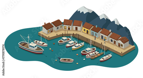 Charming coastal village with boats and mountain in isometric art style