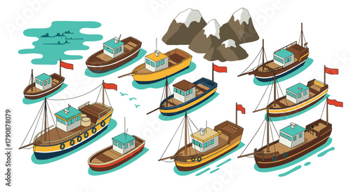 Colorful ships and mountains isometric design with red flags and sea waves
