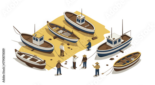 Isometric fishing scene with boats and people on sandy shoreline