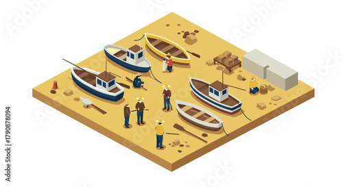 Isometric coastal fishing scene with boats and fishermen on sandy beach