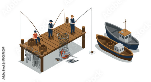 Isometric fishing scene on wooden pier with boats and nets