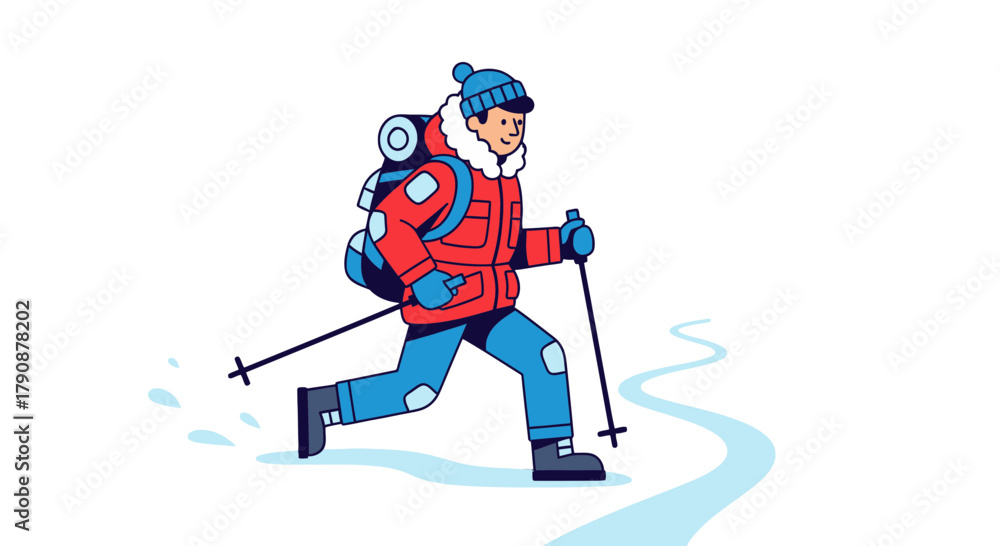 Fototapeta premium Adventurous Hiker Walking Snowy Path During Winter Season In Vibrant Illustration