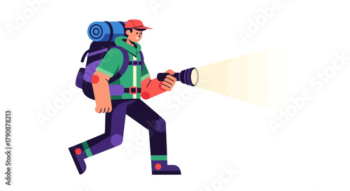 Adventurous Traveler Hiking Through Darkness with A Powerful Lantern and Backpack