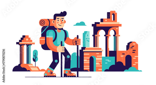 Adventurous Traveler Hiking Through Ancient Ruins, Exploring Historical Landmarks