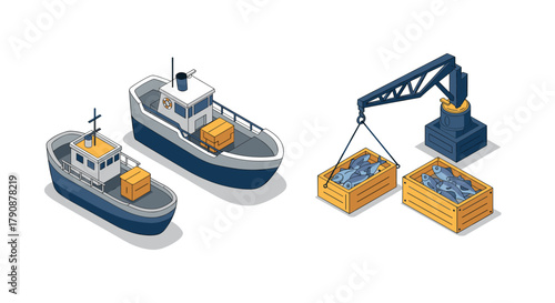 Isometric cargo ships and crane with wooden boxes on white background