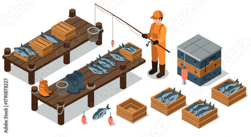 Isometric fishing scene with fisherman and fresh catch on market tables