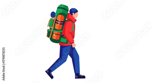 Adventurous Traveler Hiking through a Dark Backdrop with a Large Colorful Backpack