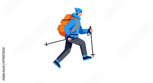 Adventurous Traveler Hiking Through Mountain Terrain With Backpack and Trekking Poles