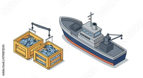 Isometric fishing boat with fish crates on deck