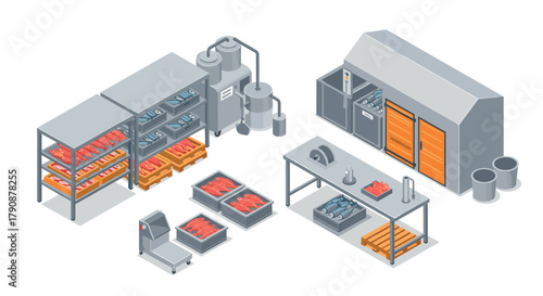 Modern isometric meat processing facility with equipment and storage solutions