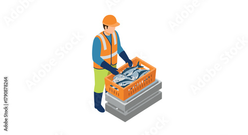Isometric worker handling seafood crate safely in industrial setting