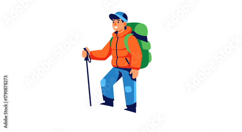 Adventurous Hiker Walking With Backpack and Hiking Pole Isolated on Dark Background