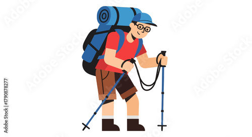 Adventurous Traveler Hiking Through Mountainous Terrain With A Backpack And Trekking Poles