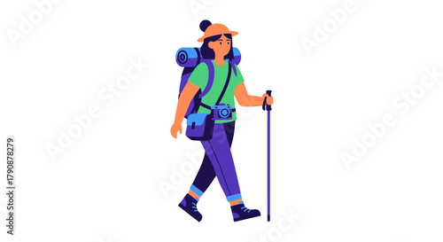 Adventurous Hiker Walking With Backpack And Hiking Stick On A Black Background