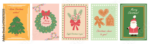 A set of hand-drawn Christmas cards with Santa, a Christmas tree, a gingerbread man, and Christmas wishes.