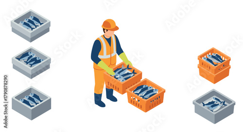 Worker sorting fish in containers with protective gear in isometric design