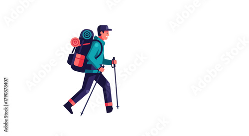 Adventurous Hiker Walking With Backpack and Trekking Poles for Exploration in Isolated Scene