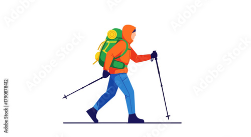 Adventurous Traveler Hiking With Backpack And Poles Depicted In Energetic Illustration
