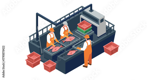 Isometric fishing industry workers processing fish on factory conveyor