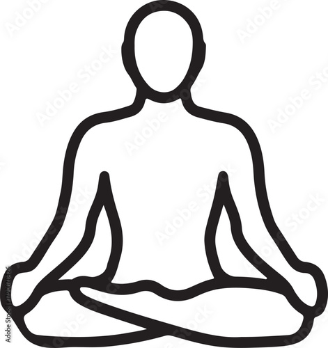 Simple line art vector icon of person meditating in yoga pose.
