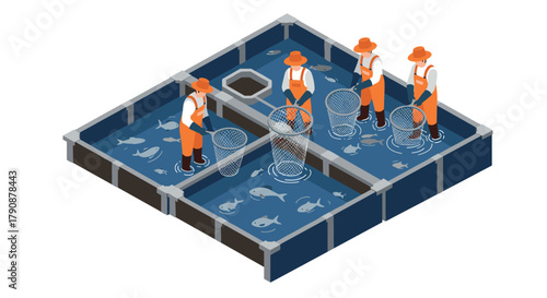 Isometric fish farming scene with workers in aquaculture pens