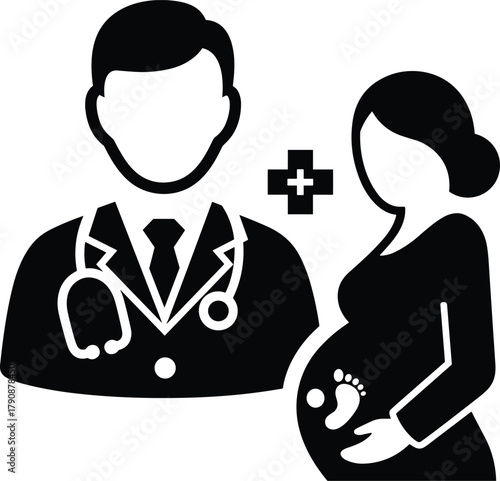 Doctor with pregnant woman and baby footprint icon medical healthcare