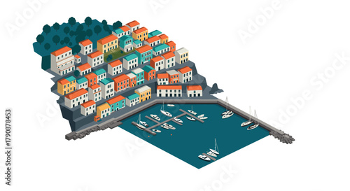 Coastal isometric village scene with colorful buildings and boats in harbor