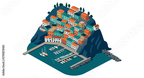 Charming coastal village on cliffside harbor in isometric style