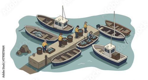 Isometric scene of fishermen unloading boats at a pier in calm waters