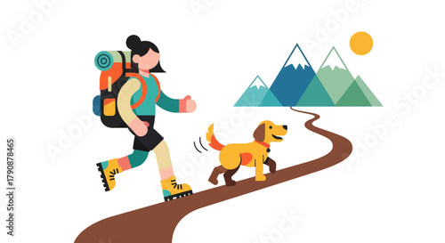 Adventurous Hiker Walking With Her Companion Dog On The Mountain Path Together