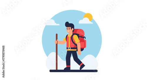 Adventurous Hiker Walking With Backpacking Gear On Snowy Mountain Under Sunshine