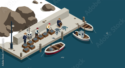 Isometric dock scene with fishermen and boats at work