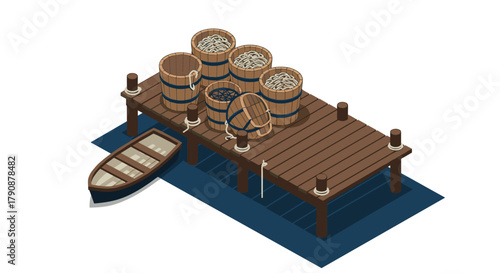 Isometric wooden dock scene with boat and barrels of fish
