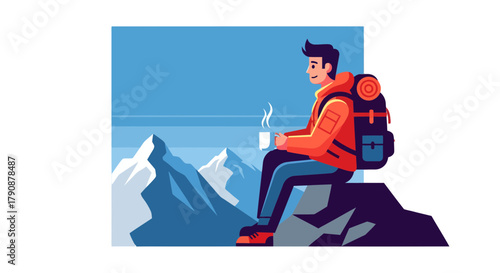 Adventurous Traveler in Mountains Enjoying Hot Beverage And Contemplating Nature