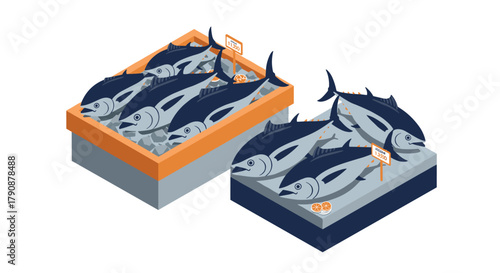 Isometric tuna market display with icebox and price sign