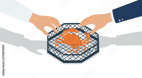 Hands reaching for crab in cage on white background