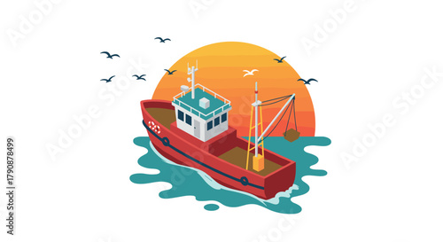 Colorful isometric fishing boat at sea with sunset and birds