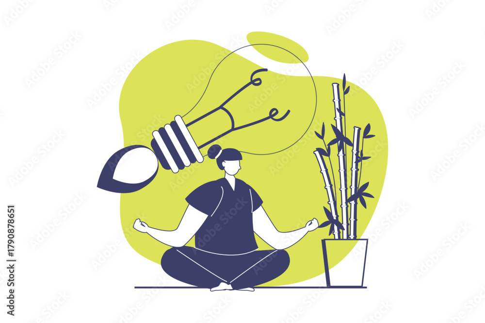Obraz premium Finding ideas web concept with flat people for website design. Woman thinking and brainstorming in meditation, finding challenge decisions, getting awareness mind and insights. Vector illustration.
