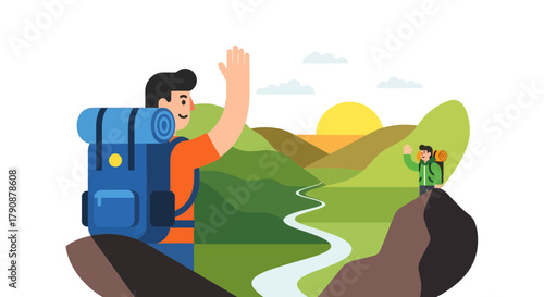 Adventurous Hikers Discover a Scenic Mountain Trail Under a Sunset, Promoting Exploration