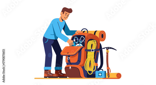 Adventurous Traveler Preparing Backpack Ready For Expedition Into Wild Nature