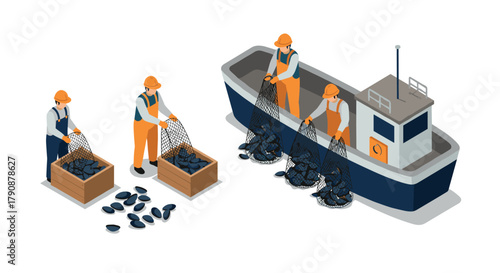Isometric fishermen harvesting shellfish near fishing boat on white background