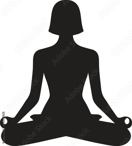 Woman meditating in yoga pose, simple flat black vector silhouette.