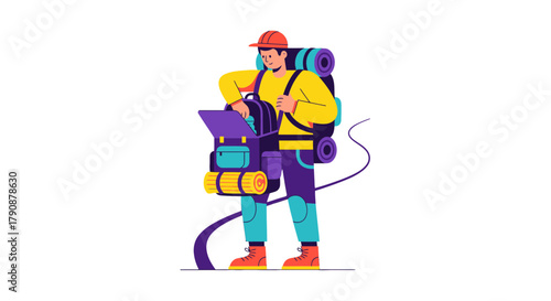 Adventurous Traveler Preparing For Expedition With Backpack On Dark Background