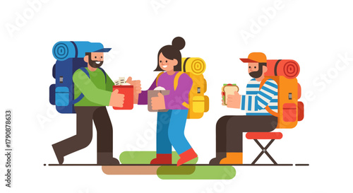 Adventurous Hikers Enjoying Food and Refreshments on a Wilderness Trek Expedition